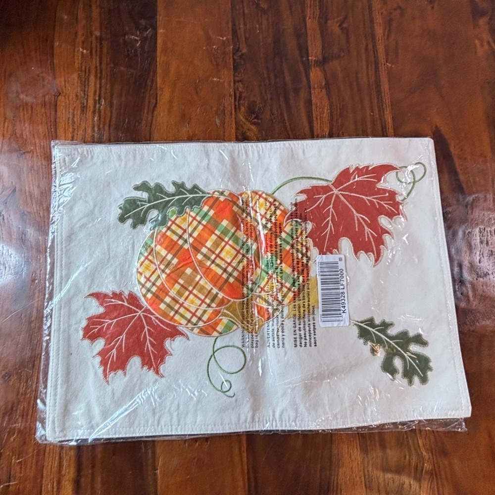 Harvest Plaid Pumpkin Embroidered Fall Placemats Set Cream Autumn Leaves K49328